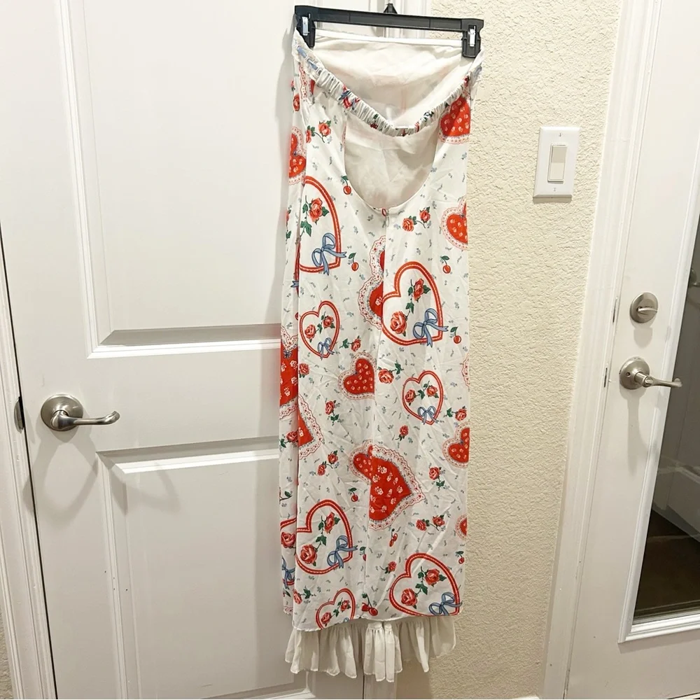 For Love & Lemons Daisy Mae Heart Cherry Print Strapless Ruffle Midi Dress - Picture 12 of 12